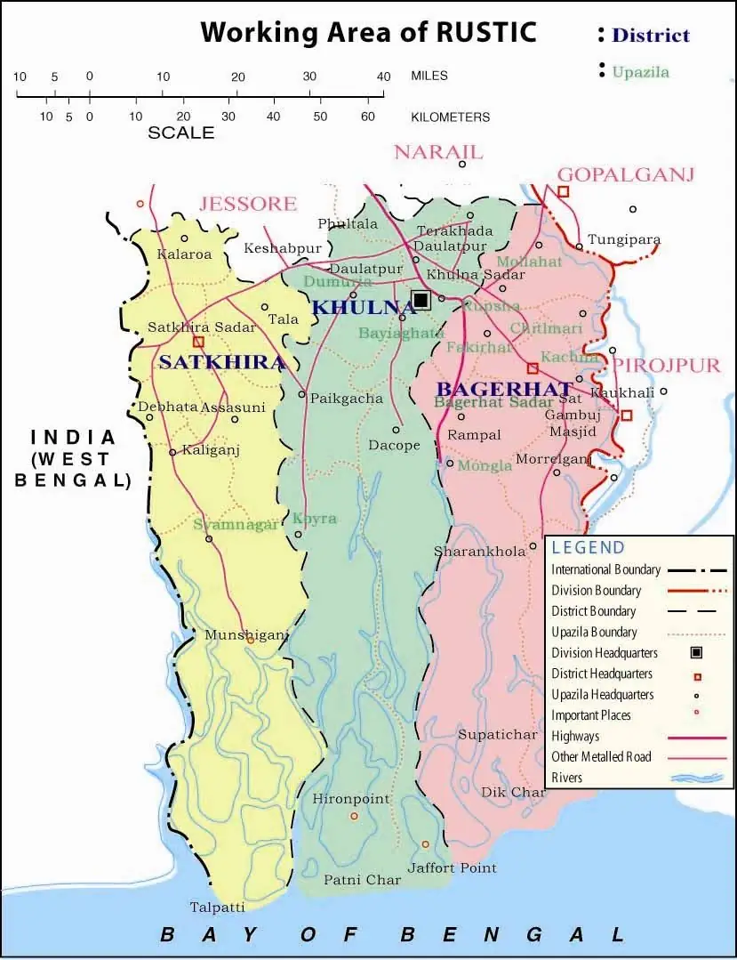 Map showing RUSTIC's area of operation across Khulna, Bagerhat and Satkhira